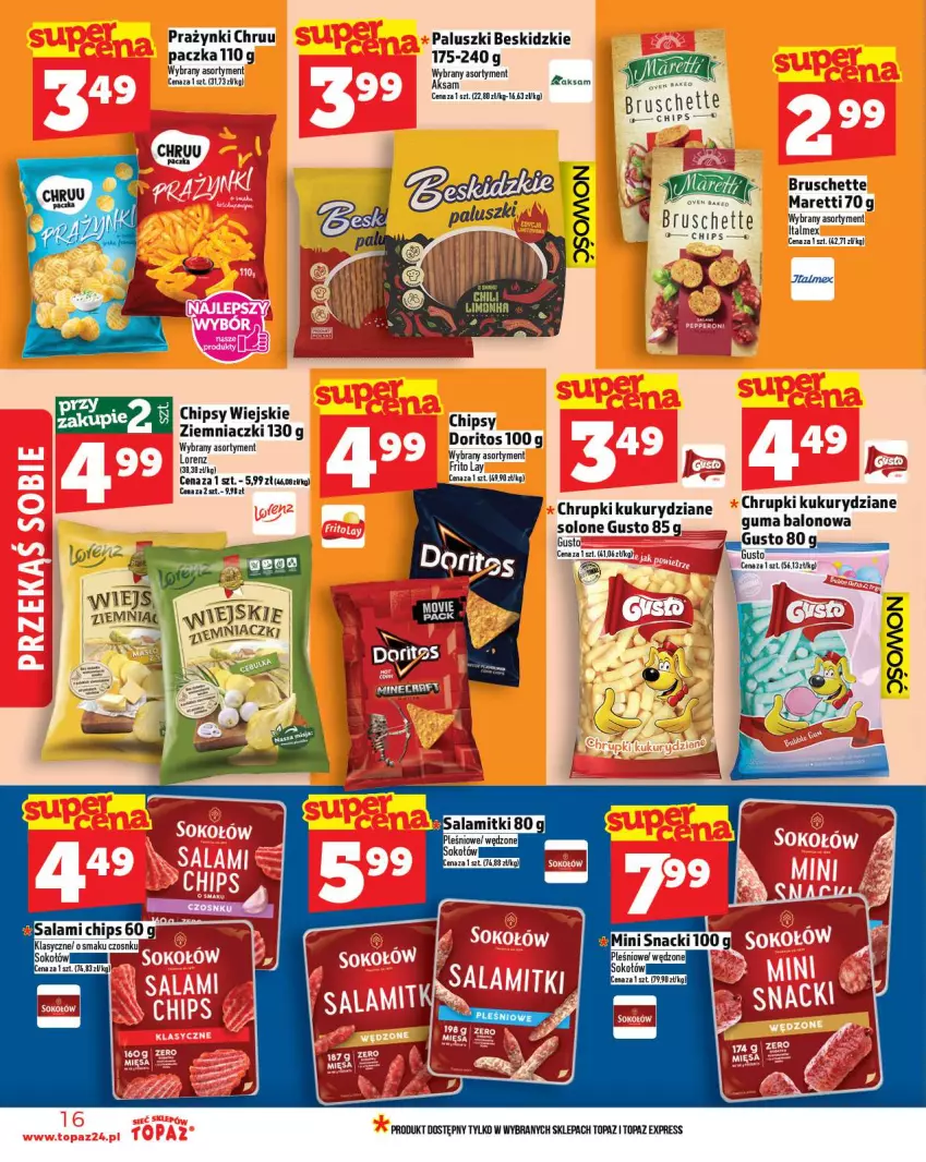 Gazetka promocyjna Topaz - Gazetka - ważna 13.11 do 19.11.2025 - strona 16 - produkty: Aksam, Beskidzki, Bruschette, Chipsy, Chrupki, Lorenz, Sok, Sokołów, Top