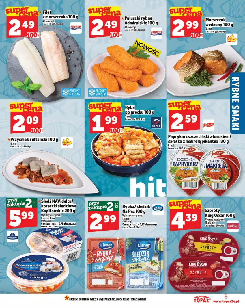 Gazetka promocyjna Topaz - Gazetka - ważna 13.11 do 19.11.2025 - strona 5 - produkty: Gra, Graal, Koreczki śledziowe, Makrelą, Paluszki rybne, Papryka, Paprykarz, Paprykarz szczeciński, Sałat, Sałatka, Sałatka z makrelą, Sos, Szprot, Top