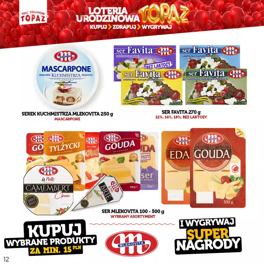 Gazetka promocyjna Topaz - Gazetka - ważna 17.04 do 18.06.2023 - strona 12 - produkty: Fa, Favita, Mascarpone, Mleko, Mlekovita, Mus, Sałat, Ser, Serek