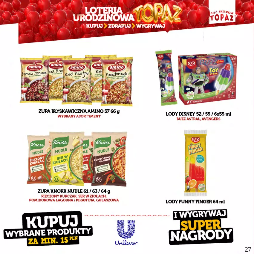 Gazetka promocyjna Topaz - Gazetka - ważna 17.04 do 18.06.2023 - strona 27 - produkty: Avengers, Disney, Knorr, Kurczak, Lody, Piec, Ser, Zupa