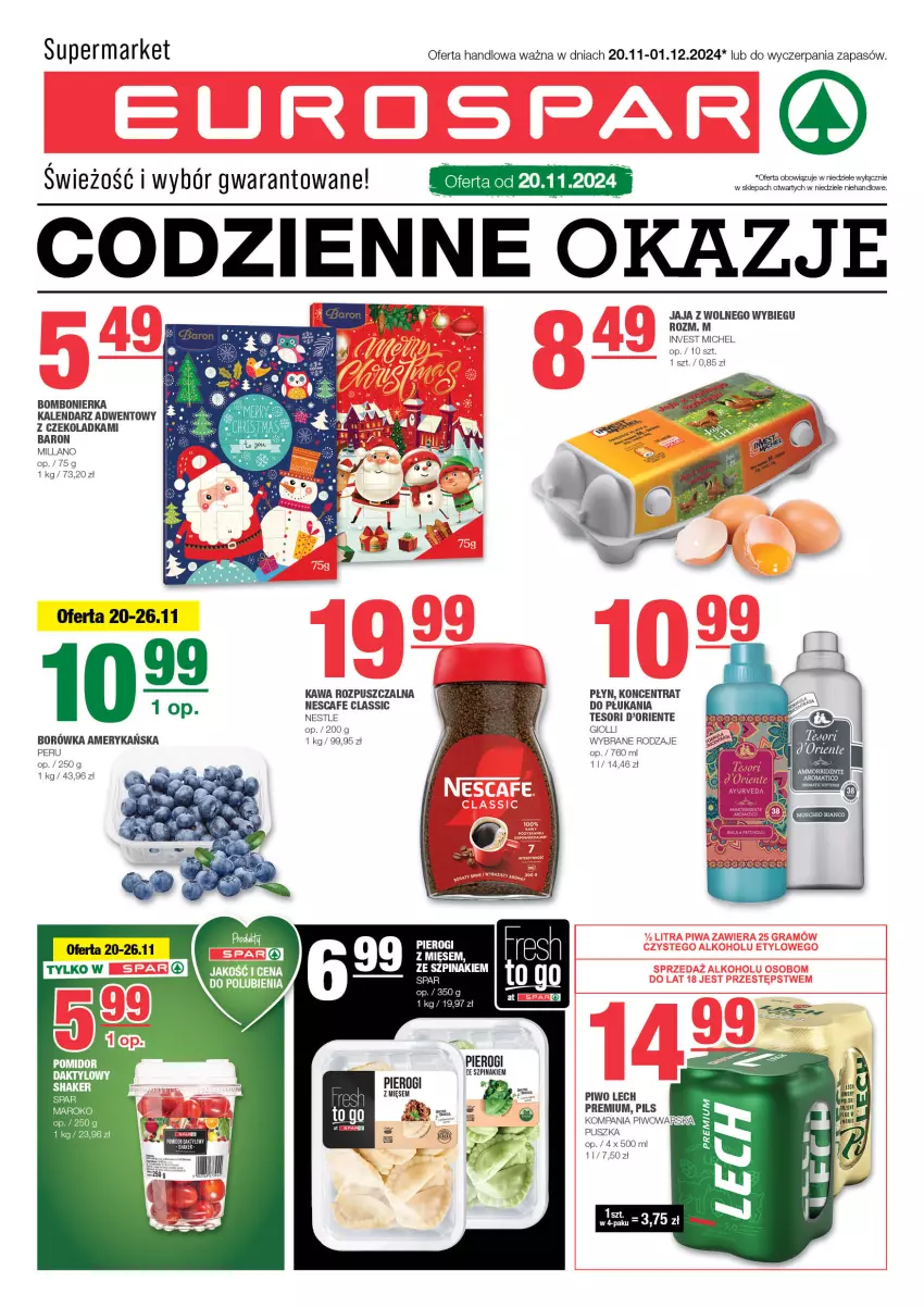 Gazetka promocyjna Spar - EuroSpar - ważna 17.11 do 27.11.2024 - strona 1 - produkty: Borówka, Borówka amerykańska, Jaja, Jaja z wolnego wybiegu, Kalendarz, Kalendarz adwentowy, Kawa, Kawa rozpuszczalna, Pierogi, Piwo, Szpinak, Wołowina