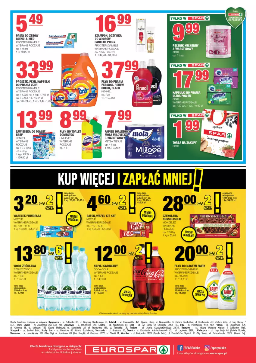 Gazetka promocyjna Spar - EuroSpar - ważna 17.11 do 27.11.2024 - strona 8 - produkty: Baton, Blend-a-Med, Bref, Coca-Cola, Czekolada, Domestos, Dzieci, Fa, Fairy, Gra, Kapsułki do prania, Kit Kat, Kosz, Lack, LANA, Mola, Mus, Napój, Napój gazowany, Odżywka, Pantene, Papier, Papier toaletowy, Pasta do zębów, Perwoll, Płyn do prania, Princessa, Ręcznik, Ręcznik kuchenny, Rum, Ser, Szampon, Tera, Torba, Torba na zakupy, Vizir, Wafelek, Woda