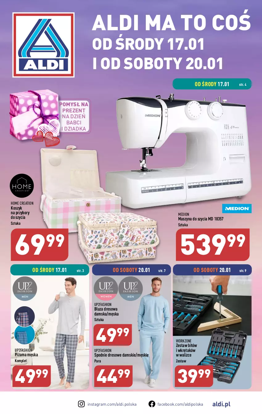 Gazetka promocyjna Aldi - Artykuły przemysłowe i tekstylia - ważna 17.01 do 20.01.2024 - strona 1 - produkty: Bluza, Bluza dresowa, Dres, Fa, Gra, Kosz, Piżama, Spodnie, Spodnie dresowe, Szyna, Wkręt