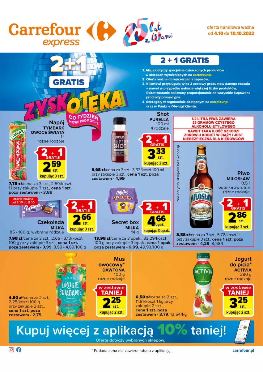 Gazetka promocyjna Carrefour - Gazetka Express - ważna 04.10 do 10.10.2022 - strona 1 - produkty: Activia, Dawtona, Gra, Jogurt, Jogurt owocowy, Kosz, Milka, Mus, Napój, Owoce, Piwo, Por, Pur, Tymbark