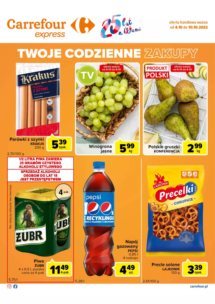 Gazetka promocyjna Carrefour - Gazetka Express - ważna 04.10 do 10.10.2022 - strona 2 - produkty: Gruszki, Krakus, Lajkonik, Napój, Napój gazowany, Parówki, Parówki z szynki, Pepsi, Piwo, Wino, Winogrona