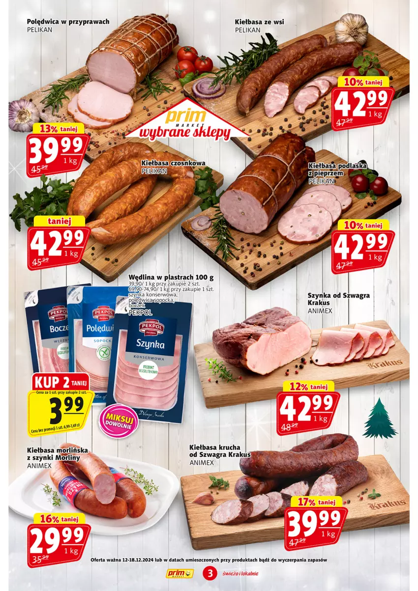 Gazetka promocyjna Prim Market - ważna 12.12 do 18.12.2024 - strona 3 - produkty: Gra, Kiełbasa, Kiełbasa krucha, Krakus, Morliny, Pieprz, Polędwica, Ser, Szynka, Wędlina