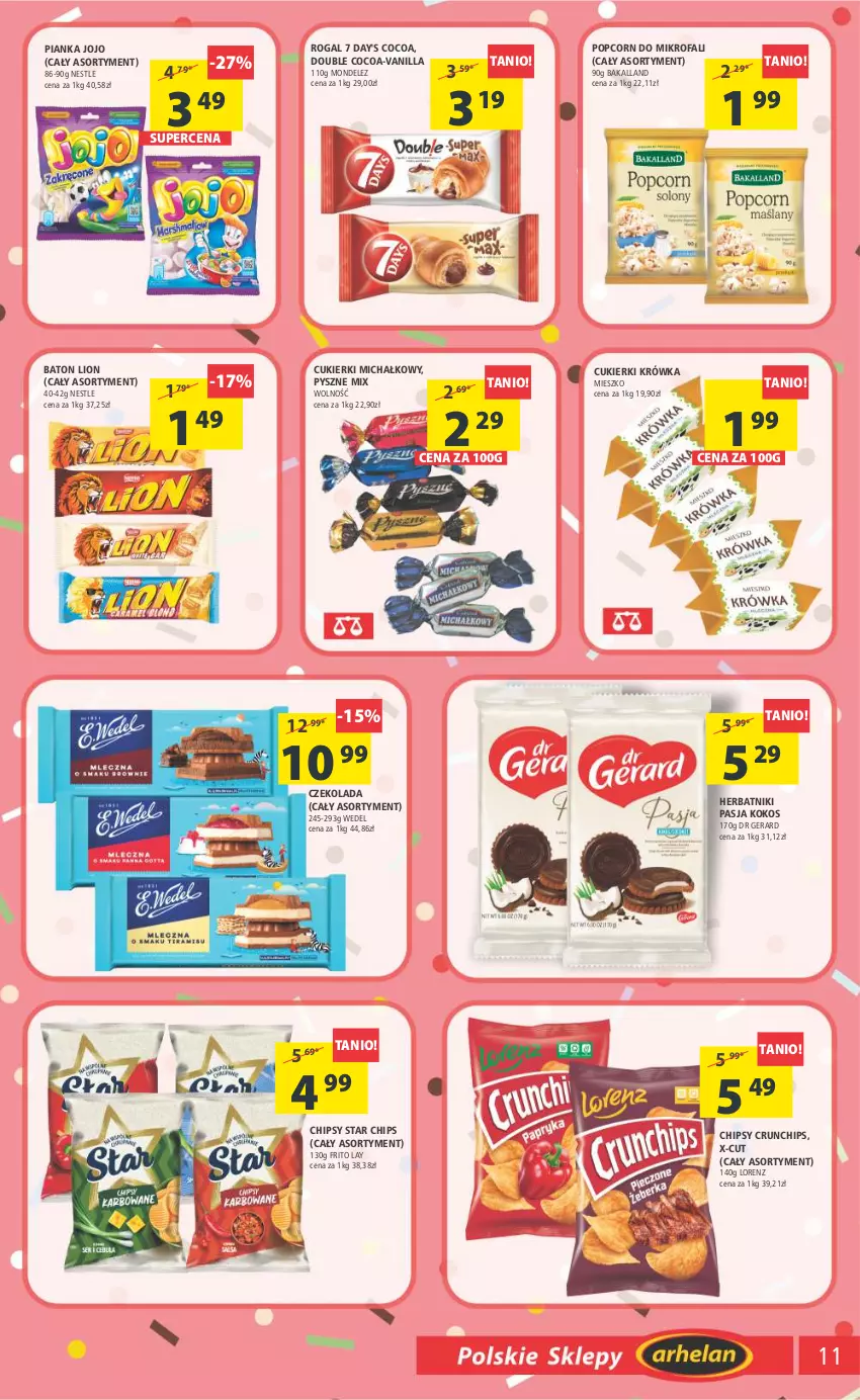 Gazetka promocyjna Arhelan - Gazetka - ważna 13.01 do 22.01.2023 - strona 11 - produkty: Bakalland, Baton, Chipsy, Crunchips, Cukier, Cukierki, Czekolada, Dr Gerard, Fa, Herbatniki, Kokos, Lion, Lorenz, Popcorn, Rogal