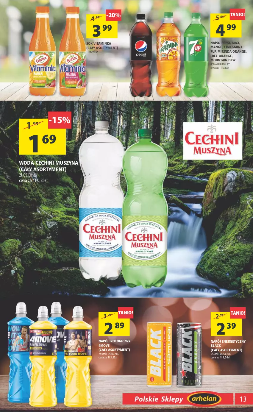 Gazetka promocyjna Arhelan - Gazetka - ważna 13.01 do 22.01.2023 - strona 13 - produkty: 7up, Hortex, Inka, Lack, Mango, Mirinda, Mus, Napój, Napój energetyczny, Napój izotoniczny, Pepsi, Sok, Szyna, Woda