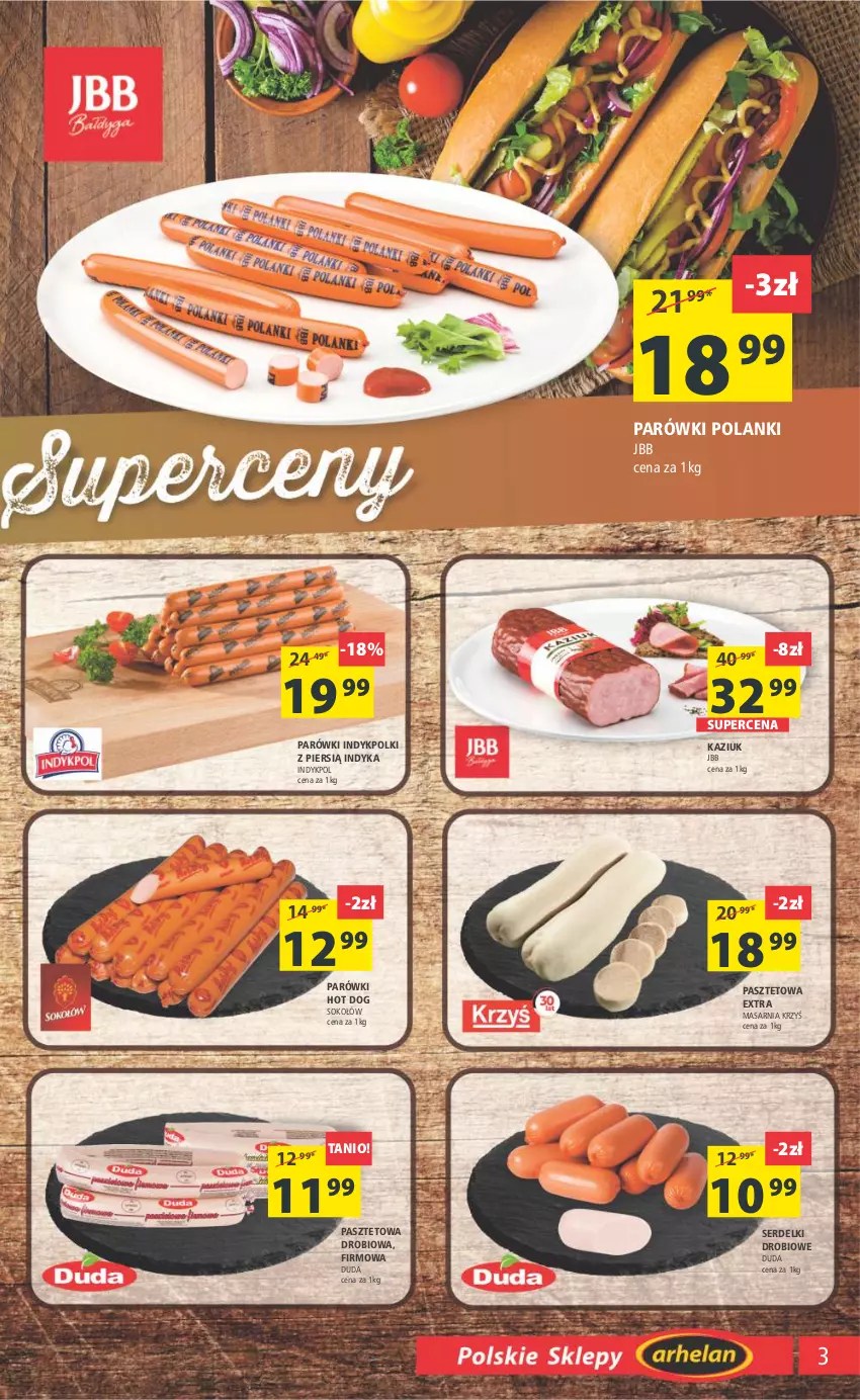 Gazetka promocyjna Arhelan - Gazetka - ważna 13.01 do 22.01.2023 - strona 3 - produkty: Duda, Hot dog, Lanki, Parówki, Parówki hot dog, Pasztet, Ser, Serdelki, Sok, Sokołów