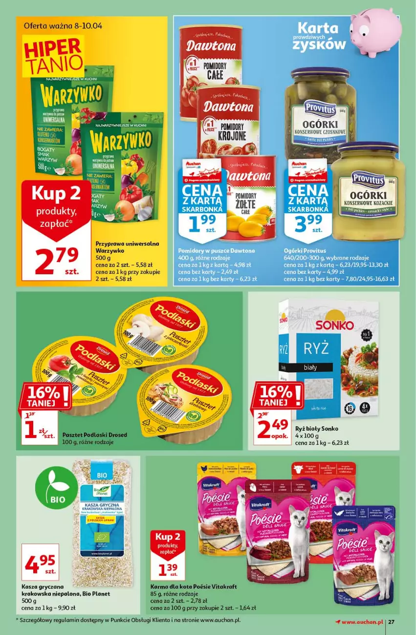 Gazetka promocyjna Auchan - Królestwo majsterkowicza Hipermarkety - ważna 08.04 do 14.04.2021 - strona 27 - produkty: Gry, Kasza, Kasza gryczana, Ogórki konserwowe, Pasztet, Podlaski, Pomidory, Pomidory krojone, Przyprawa uniwersalna, Ryż, Ryż biały, Ser, Sonko, Vitakraft