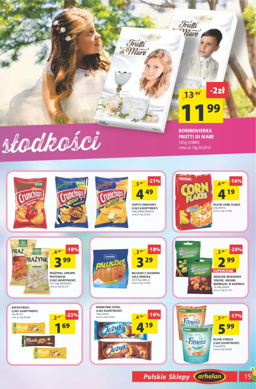 Gazetka promocyjna Arhelan - Gazetka - ważna 06.05 do 15.05.2022 - strona 15 - produkty: Aksam, Baton, Bell, Bella, Beskidzki, Chipsy, Chrupki, Corn flakes, Crunchips, Herbatniki, Jeżyki, Lorenz, Lubella, Mus, Orzeszki, Przysnacki, Sezam, Wasa