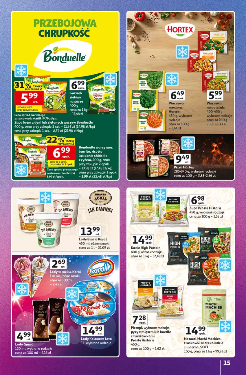 Gazetka promocyjna Auchan - Gazetka Znane Marki Hipermarket Auchan - ważna 23.04 do 30.04.2026 - strona 15 - produkty: Bonduelle, Groszek, Hortex, Knedle, Lody, Pierogi, Ryż, Truskawki, Warzywa, Zupa