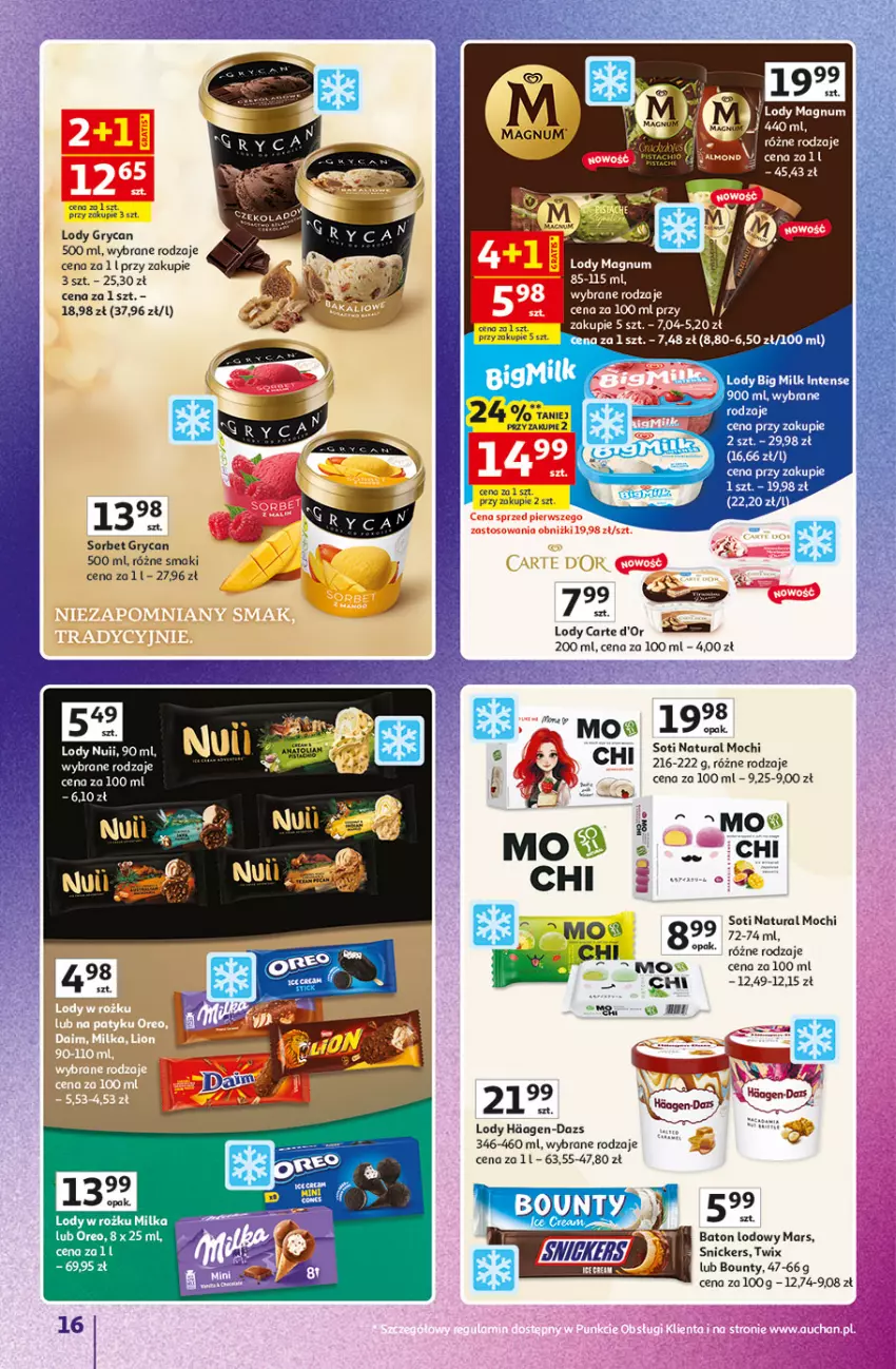 Gazetka promocyjna Auchan - Gazetka Znane Marki Hipermarket Auchan - ważna 23.04 do 30.04.2026 - strona 16 - produkty: Baton, Bounty, Carte d'Or, Gry, Lody, Mars, Milka, Oreo, Snickers, Twix