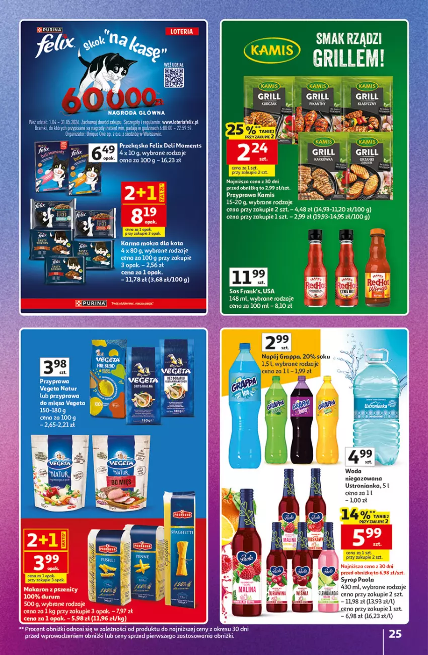 Gazetka promocyjna Auchan - Gazetka Znane Marki Hipermarket Auchan - ważna 23.04 do 30.04.2026 - strona 25 - produkty: Felix, Gra, Grappa, Kamis, Makaron, Moments, Napój, Paola, Rum, Sok, Sos, Vegeta, Vegeta Natur, Woda, Woda niegazowana