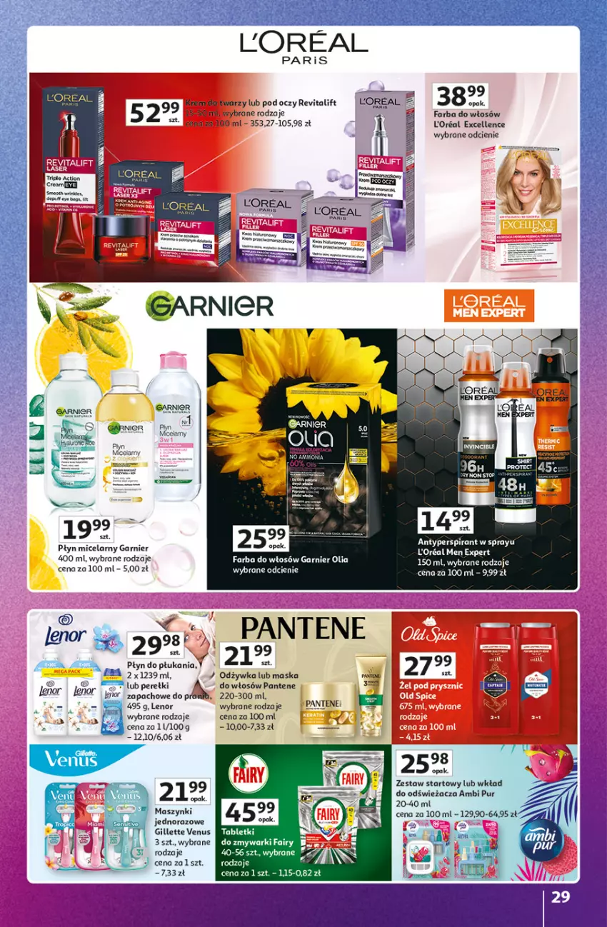 Gazetka promocyjna Auchan - Gazetka Znane Marki Hipermarket Auchan - ważna 23.04 do 30.04.2026 - strona 29 - produkty: Ambi Pur, Amica, Fa, Farba do włosów, Garnier, Gillette, Gillette Venus, Lenor, Odżywka, Pantene, Płyn do płukania, Płyn micelarny, Pur, Tera, Venus