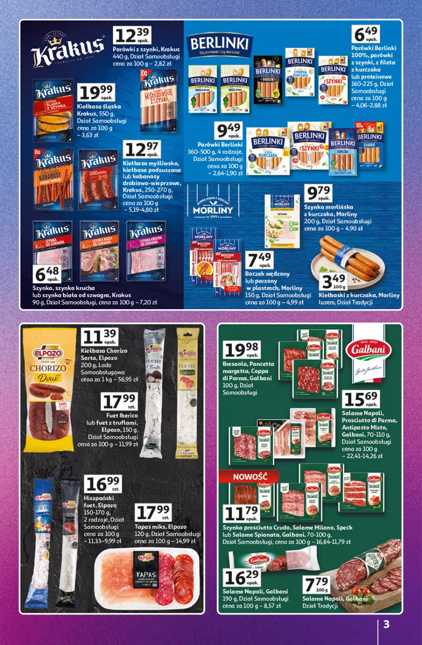 Gazetka promocyjna Auchan - Gazetka Znane Marki Hipermarket Auchan - ważna 23.04 do 30.04.2026 - strona 3 - produkty: Berlinki, Galbani, Gra, Kiełbasa, Krakus, Kurczak, LG, Morliny, Parówki, Parówki z szynki, Prosciutto, Szynka, Szynka biała