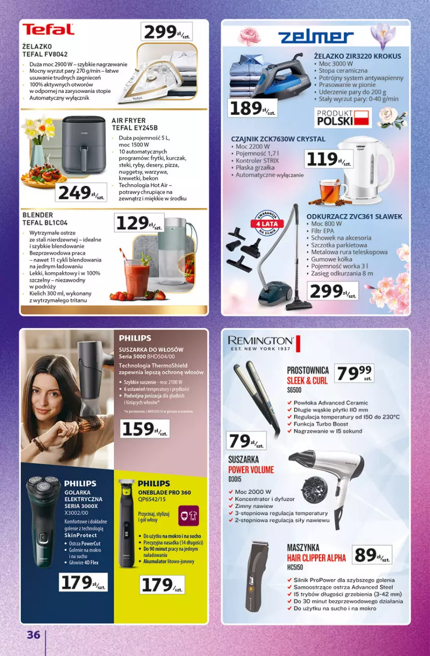 Gazetka promocyjna Auchan - Gazetka Znane Marki Hipermarket Auchan - ważna 23.04 do 30.04.2026 - strona 36 - produkty: 5 Sekund, Akumulator, Beko, Blender, Czajnik, Deser, Fa, Frytki, Golarka, Gra, Grzałka, Kontroler, Krewetki, Krokus, Kurczak, Maszynka, Odkurzacz, Orka, Philips, Pizza, Por, Remington, Rura, Ser, SkinPro, Stek, Suszarka, Szczotka, Szynka, Tefal, Teleskop, Top, Warzywa