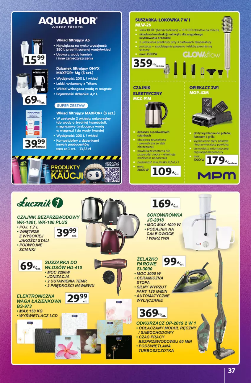 Gazetka promocyjna Auchan - Gazetka Znane Marki Hipermarket Auchan - ważna 23.04 do 30.04.2026 - strona 37 - produkty: Aquaphor, Bieganie, Czajnik, Dzbanek, Dzbanek filtrujący, Grill, LANA, Lokówka, Magnez, Odkurzacz, Owoce, Suszarka, Szczotka, Termos, Top, Waga, Waga łazienkowa, Warzywa, Wkład filtrujący