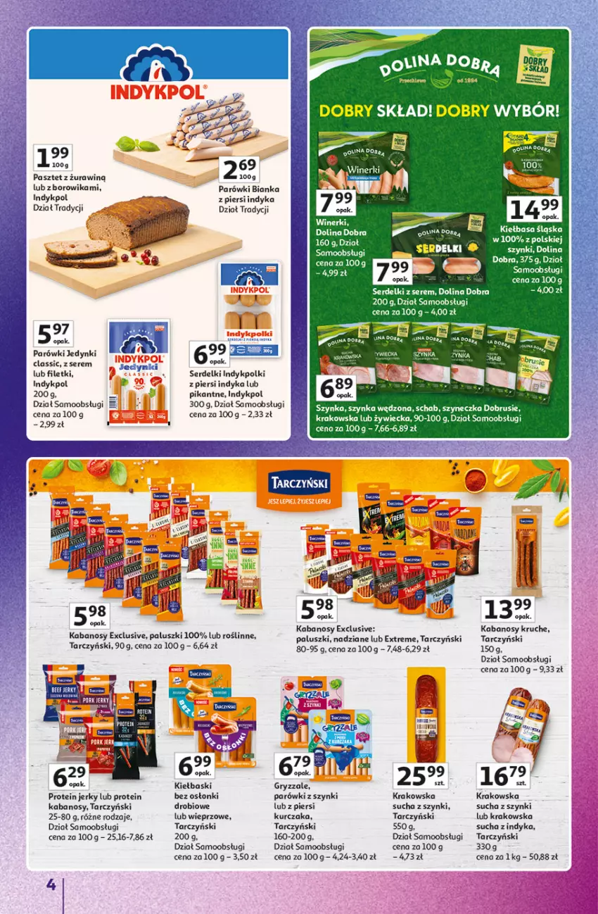 Gazetka promocyjna Auchan - Gazetka Znane Marki Hipermarket Auchan - ważna 23.04 do 30.04.2026 - strona 4 - produkty: Bianka, Gry, Jerky, Kabanos, Kiełbasa, Kiełbasa śląska, Kurczak, Obrus, Parówki, Parówki z szynki, Pasztet, Ser, Serdelki, Szynka, Tarczyński