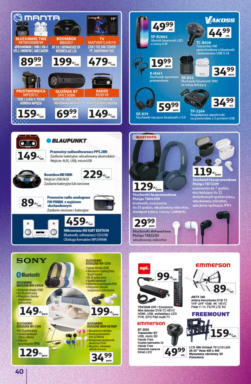 Gazetka promocyjna Auchan - Gazetka Znane Marki Hipermarket Auchan - ważna 23.04 do 30.04.2026 - strona 40 - produkty: Akumulator, Głośnik, Mikrofon, Mikrowieża, Philips, Poziomica, Radioodtwarzacz, Silan, Słuchawki, Tran, Transmiter, Warka