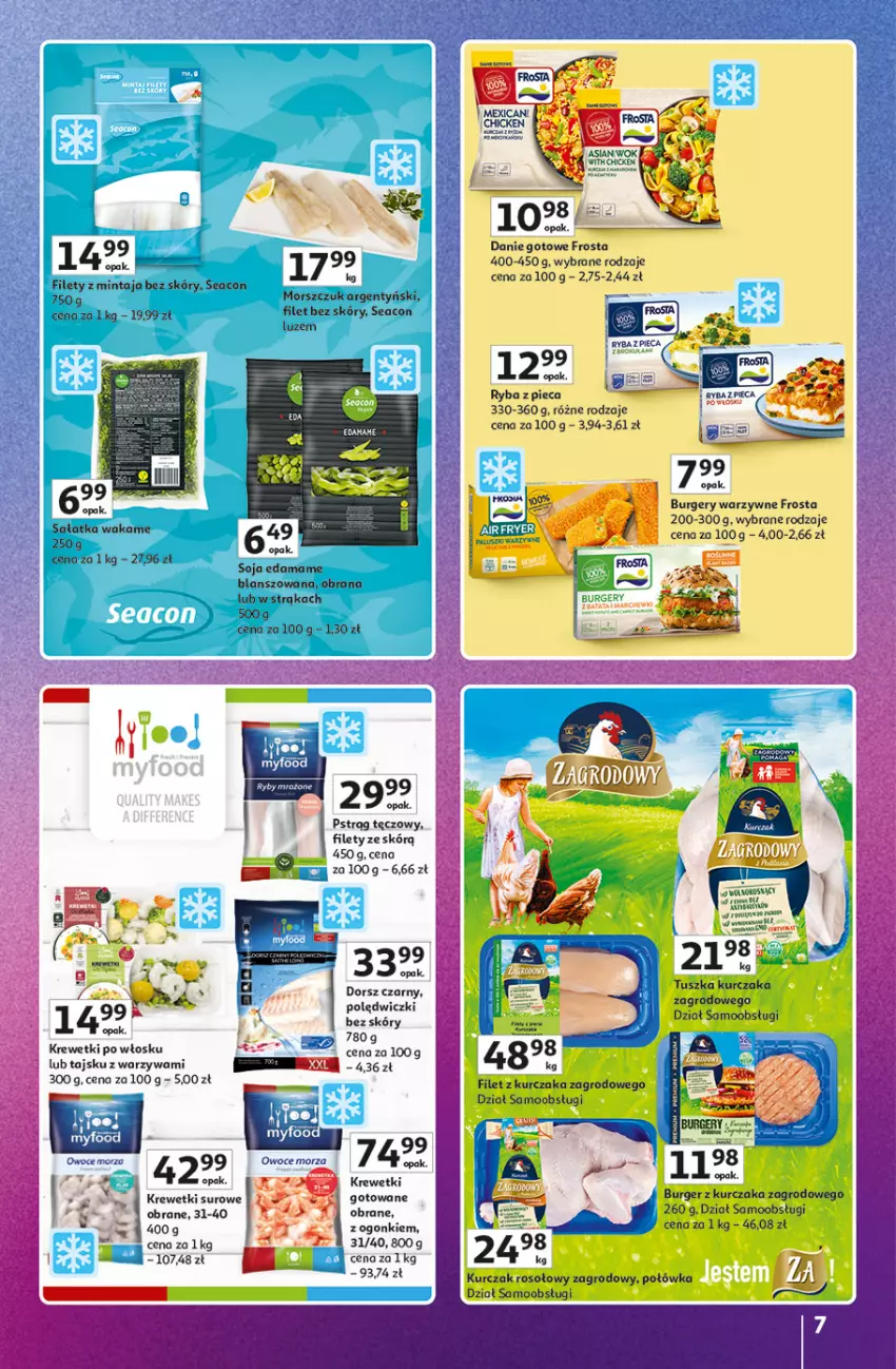 Gazetka promocyjna Auchan - Gazetka Znane Marki Hipermarket Auchan - ważna 23.04 do 30.04.2026 - strona 7 - produkty: Burger, Danie gotowe, Dorsz, Edam, Frosta, Krewetki, Kurczak, Mintaj, Piec, Ryba, Sałat, Sałatka, Tusz, Warzywa
