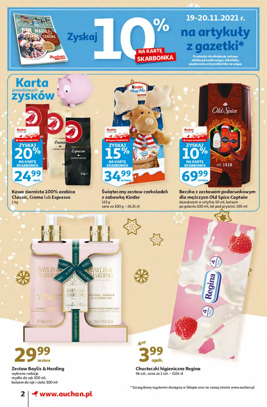 Gazetka promocyjna Auchan - Magia cenowa Supermarkety - ważna 18.11 do 24.11.2021 - strona 2 - produkty: BIC, Chusteczki, Dezodorant, Gin, Kawa, Kawa ziarnista, Kinder, LG, Mydło, Old Spice, Papier