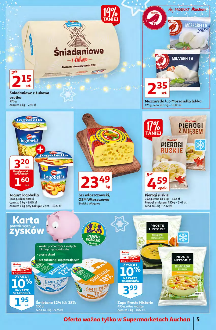 Gazetka promocyjna Auchan - Magia cenowa Supermarkety - ważna 18.11 do 24.11.2021 - strona 5 - produkty: Bell, Bella, Danio, Fa, Jogobella, Jogurt, Mleko, Mozzarella, Pierogi, Ser, Włoszczowski, Zupa