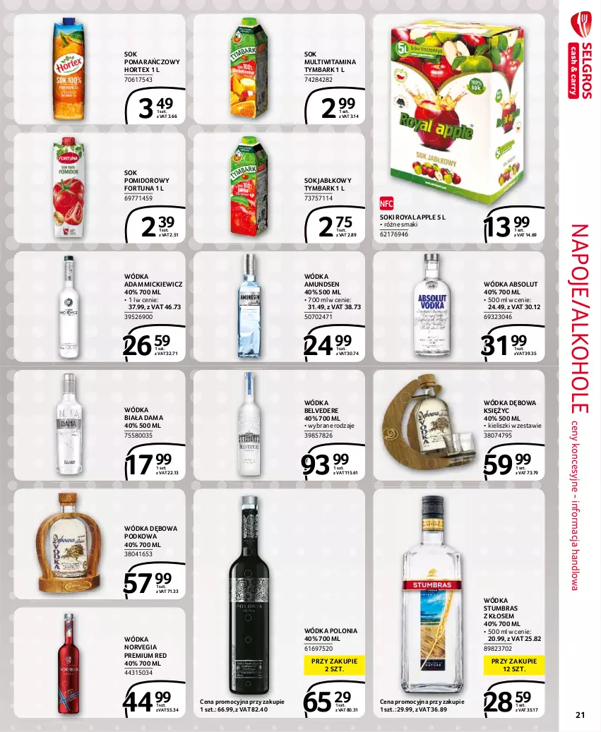 Gazetka promocyjna Selgros - Extra Oferta - ważna 01.07 do 31.07.2021 - strona 21 - produkty: Absolut, Alkohole, Amundsen, Fortuna, Hortex, Napoje, Sok, Sok jabłkowy, Sok pomarańczowy, Sok pomidorowy, Tymbark, Wódka