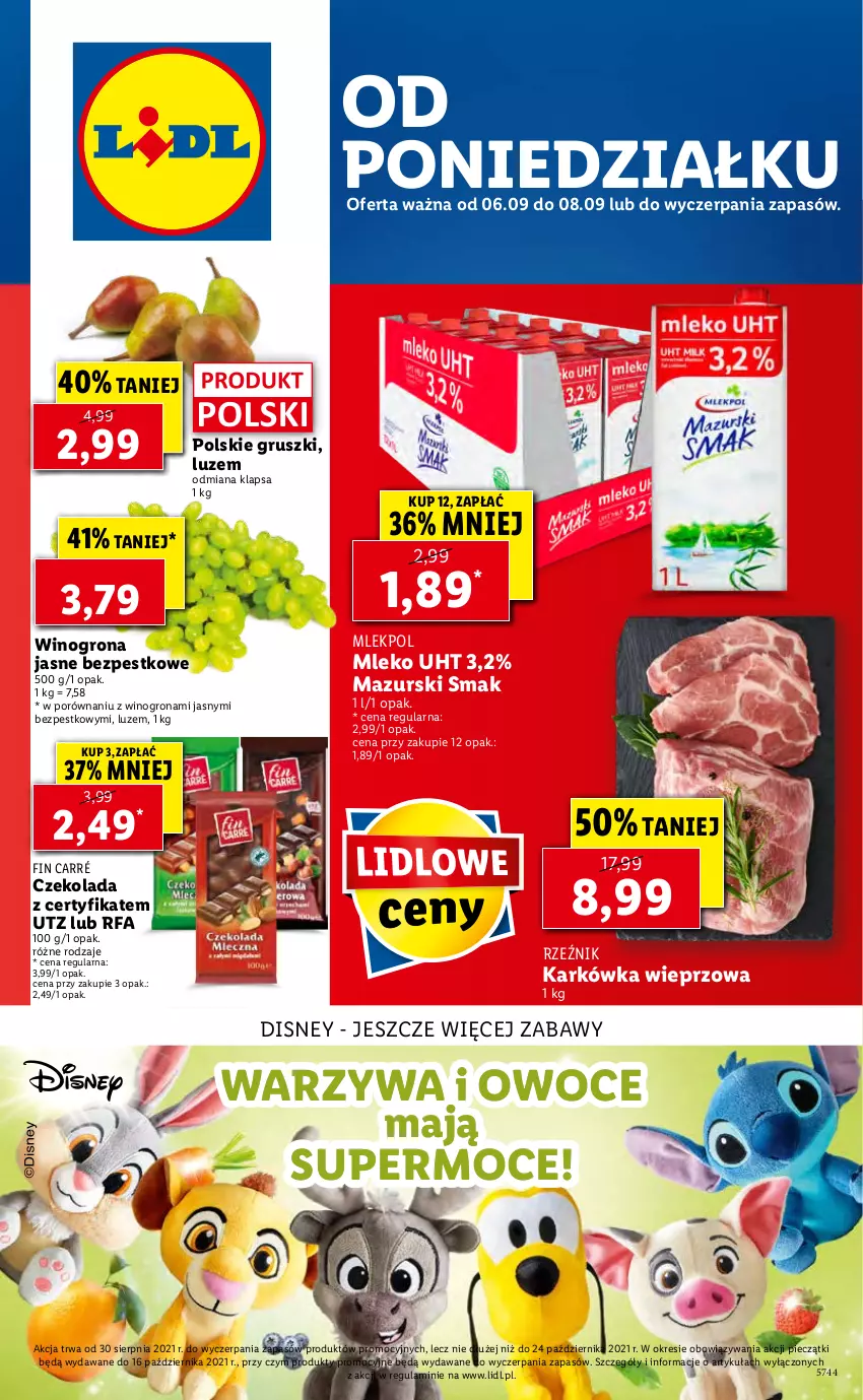 Gazetka promocyjna Lidl - GAZETKA - ważna 06.09 do 08.09.2021 - strona 1 - produkty: Czekolada, Disney, Fa, Gruszki, Karkówka wieprzowa, Mleko, Owoce, Piec, Por, Warzywa, Warzywa i owoce, Wino, Winogrona