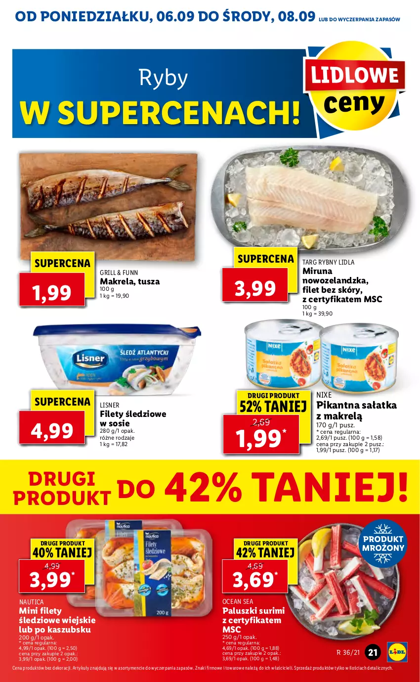 Gazetka promocyjna Lidl - GAZETKA - ważna 06.09 do 08.09.2021 - strona 21 - produkty: Grill, Lisner, Makrelą, Miruna, Sałat, Sałatka, Sałatka z makrelą, Sos, Surimi, Tusz