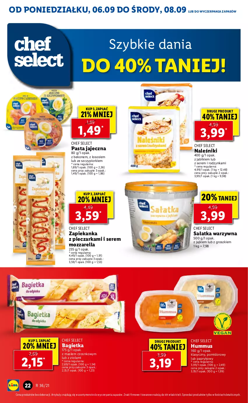 Gazetka promocyjna Lidl - GAZETKA - ważna 06.09 do 08.09.2021 - strona 22 - produkty: Bagietka, Beko, Hummus, Mozzarella, Mus, Naleśniki, Piec, Pieczarka, Sałat, Sałatka, Sałatka warzywna, Ser, Sos, Zapiekanka