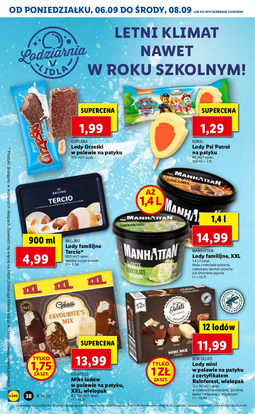 Gazetka promocyjna Lidl - GAZETKA - ważna 06.09 do 08.09.2021 - strona 38 - produkty: Czekolada, Fa, Goplana, Grześki, LANA, Lody, Psi Patrol