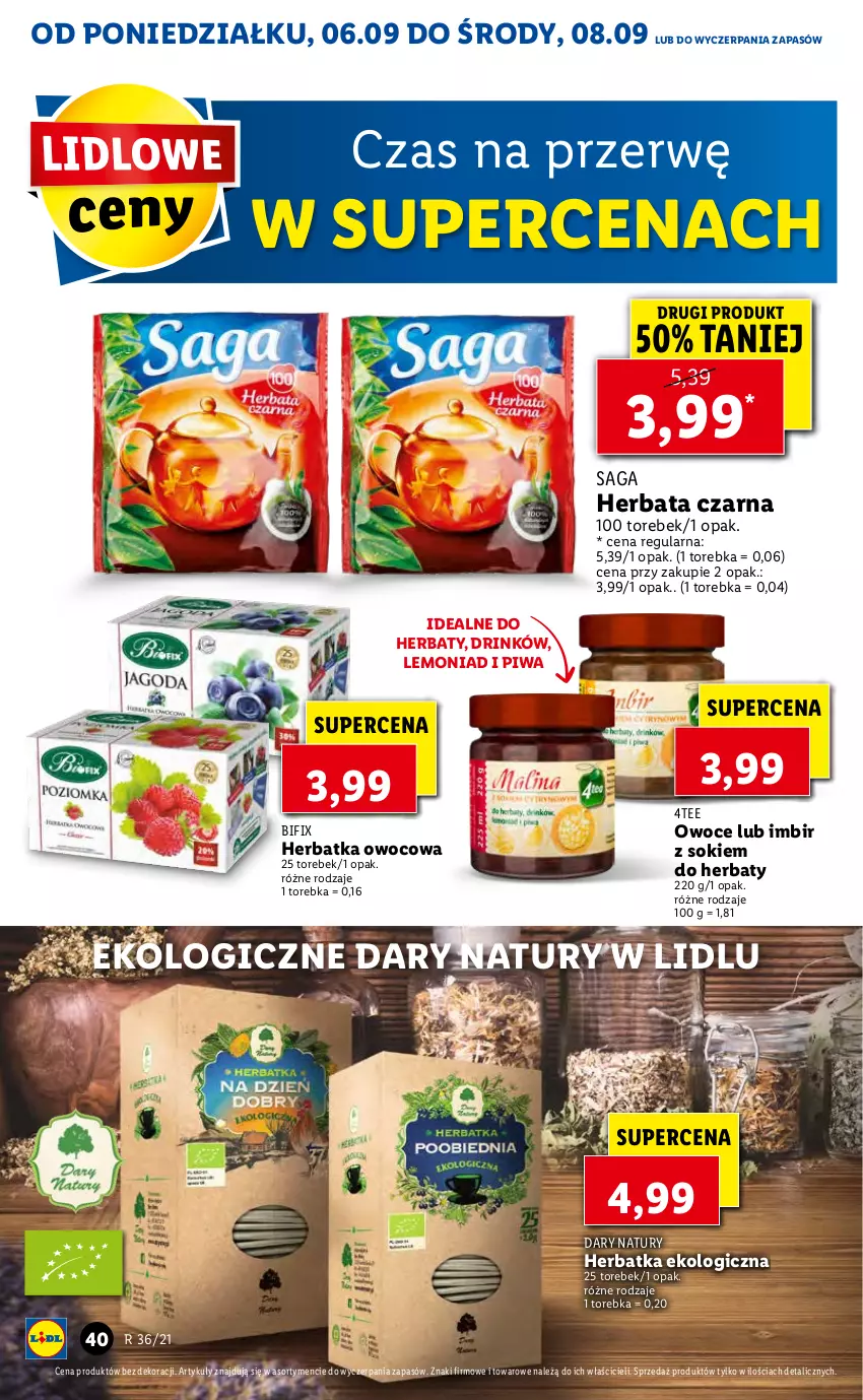 Gazetka promocyjna Lidl - GAZETKA - ważna 06.09 do 08.09.2021 - strona 40 - produkty: Herbata, Herbata czarna, Imbir, Owoce, Piwa, Saga, Sok, Torebka