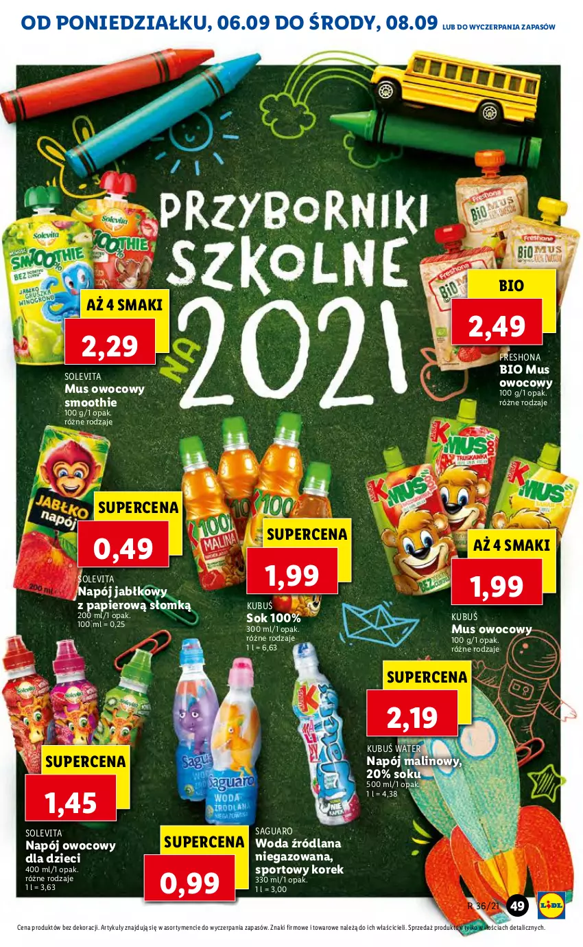 Gazetka promocyjna Lidl - GAZETKA - ważna 06.09 do 08.09.2021 - strona 49 - produkty: Dzieci, Kubuś, LANA, Mus, Napój, Papier, Por, Smoothie, Sok, Sport, Woda