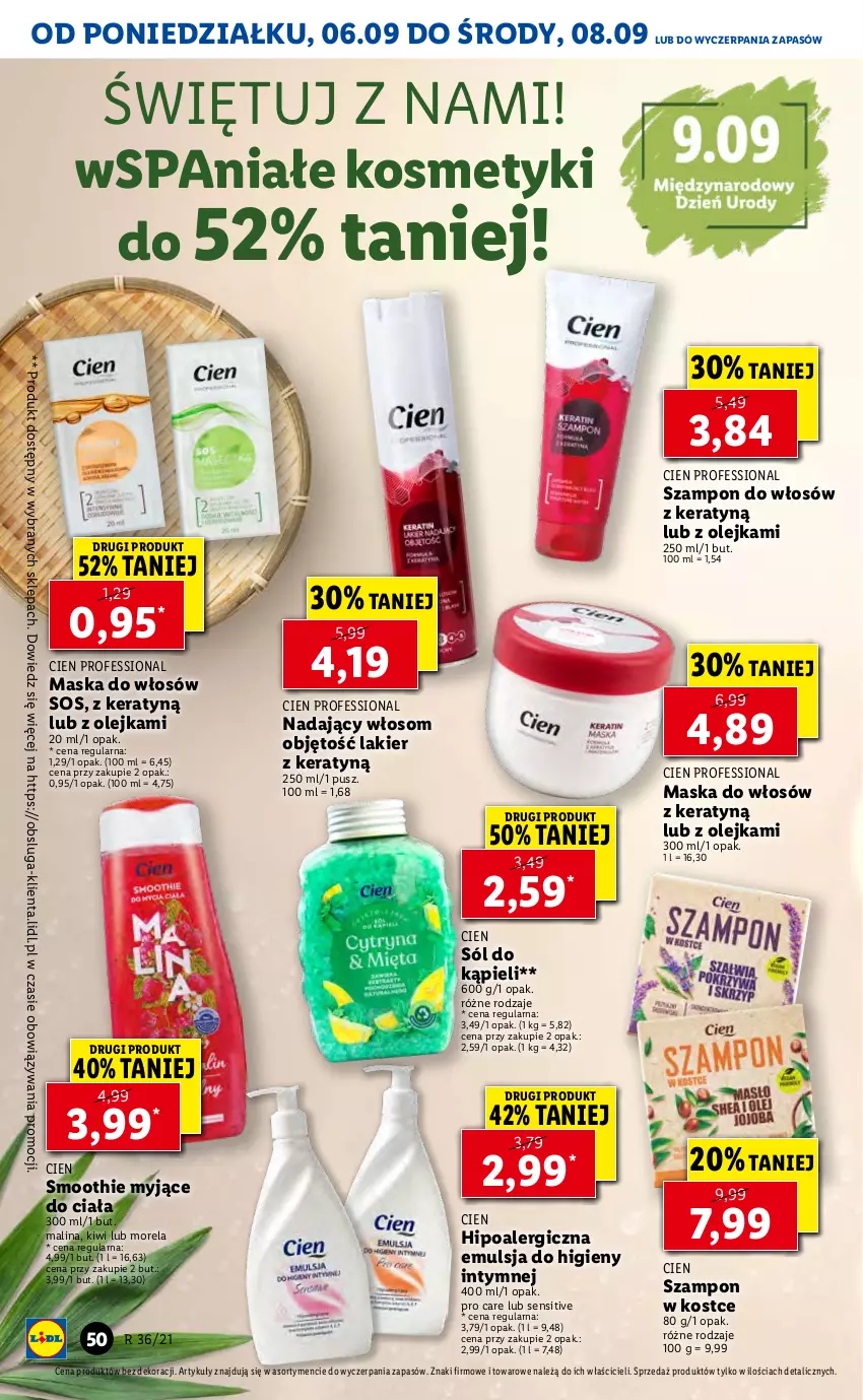 Gazetka promocyjna Lidl - GAZETKA - ważna 06.09 do 08.09.2021 - strona 50 - produkty: Emulsja, Kiwi, Lakier, Maska, Maska do włosów, Morela, Olej, Smoothie, Sól, Sól do kąpieli, Sos, Szampon