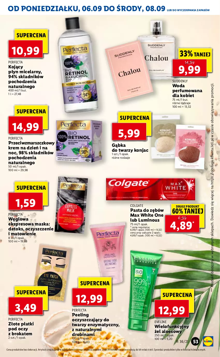 Gazetka promocyjna Lidl - GAZETKA - ważna 06.09 do 08.09.2021 - strona 53 - produkty: Colgate, Eveline, Krem na dzień, Krem na dzień i na noc, LG, Mars, Maska, Pasta do zębów, Peeling, Perfecta, Perfum, Płyn micelarny, Woda, Woda perfumowana