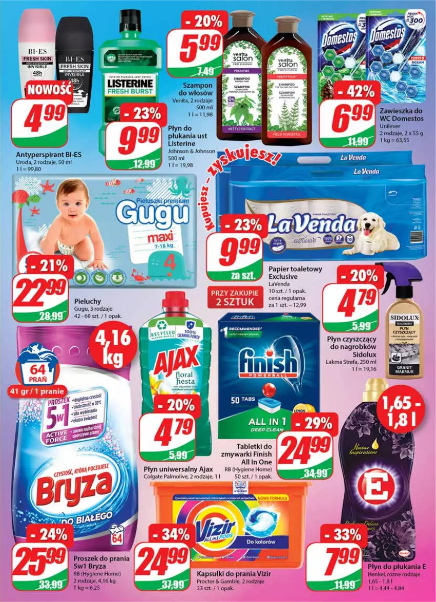 Gazetka promocyjna Dino - Gazetka - ważna 27.10 do 02.11.2021 - strona 19 - produkty: Ajax, Antyperspirant, BIC, Bryza, Colgate, Domestos, Fa, Finish, Flora, Gra, Kapsułki do prania, LG, Listerine, Palmolive, Papier, Papier toaletowy, Pieluchy, Proszek do prania, Sidolux, Tablet, Tabletki do zmywarki, Vizir, Zmywarki