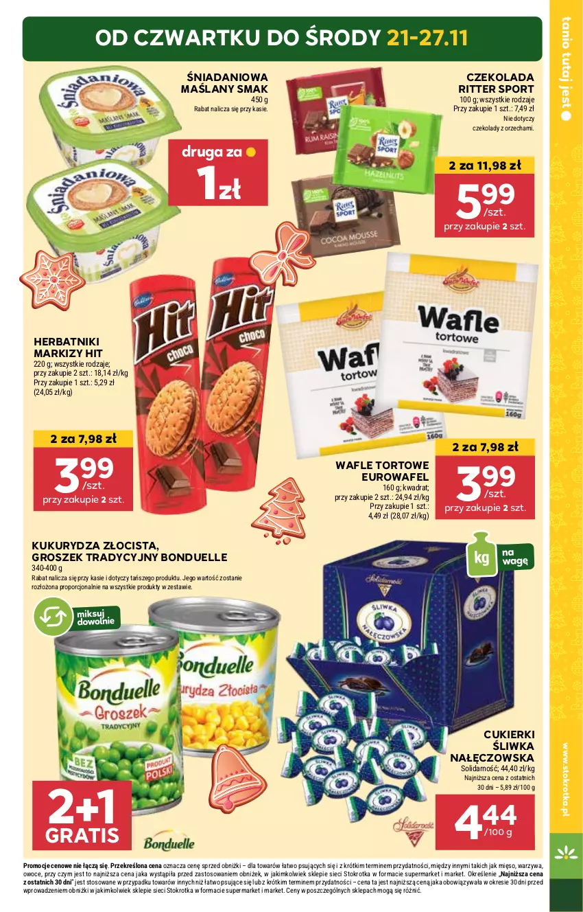 Gazetka promocyjna Stokrotka - Supermarket Opole/Radom - ważna 21.11 do 27.11.2024 - strona 3 - produkty: Bonduelle, Cukier, Cukierki, Czekolada, Danio, Gra, Groszek, Herbatniki, Kukurydza, Mięso, Owoce, Por, Ritter Sport, Sport, Wafle, Wafle tortowe, Warzywa