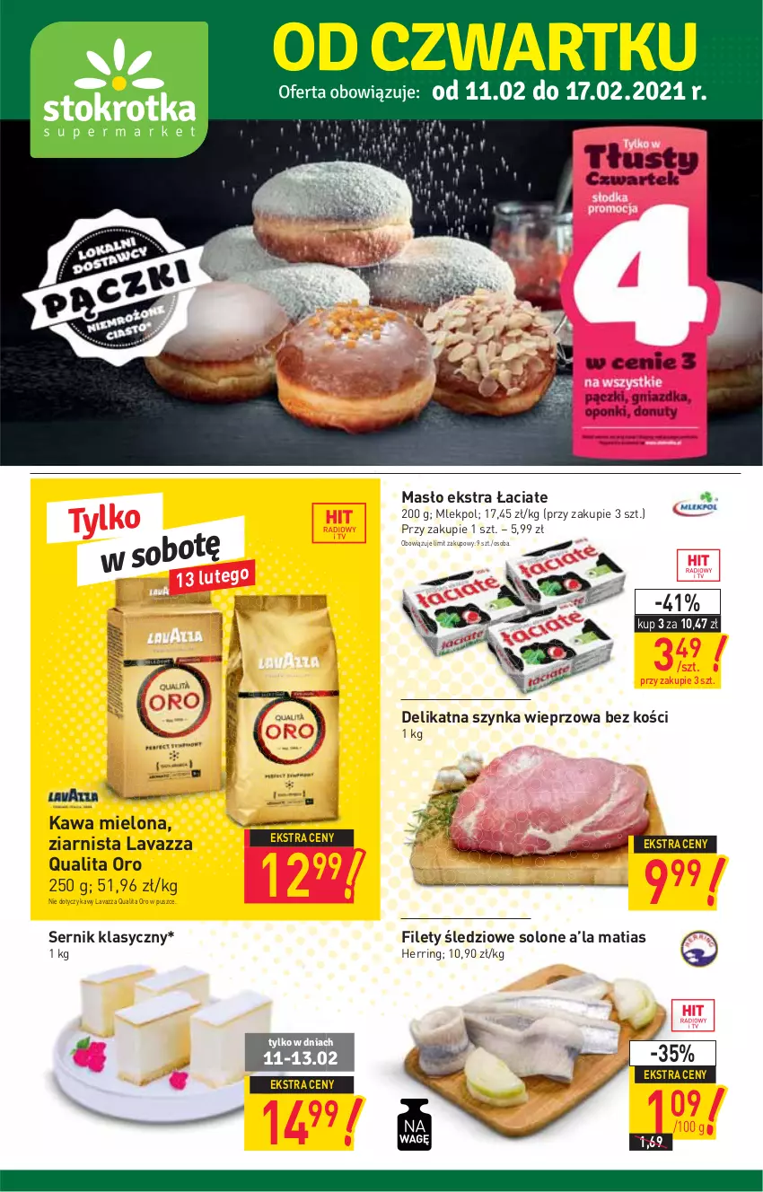 Gazetka promocyjna Stokrotka - Supermarket - ważna 11.02 do 17.02.2021 - strona 1 - produkty: Kawa, Kawa mielona, Lavazza, Masło, Ser, Szynka, Szynka wieprzowa