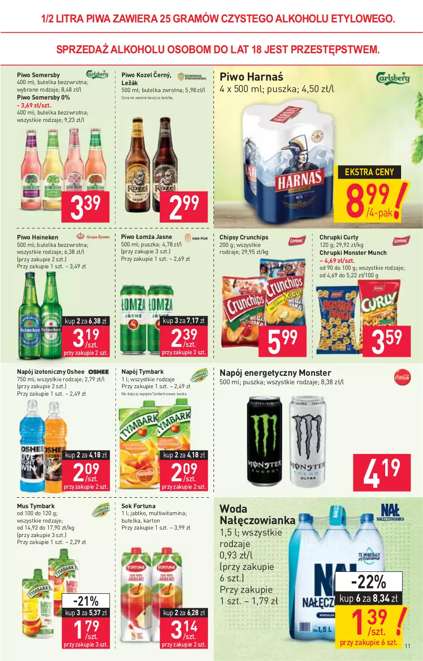 Gazetka promocyjna Stokrotka - Supermarket - ważna 11.02 do 17.02.2021 - strona 11 - produkty: Chipsy, Chrupki, Crunchips, Fortuna, Gra, Harnaś, Heineken, Kozel, Monster Munch, Mus, Nałęczowianka, Napój, Napój energetyczny, Napój izotoniczny, Oshee, Owoce, Piwa, Piwo, Sok, Somersby, Tymbark, Woda