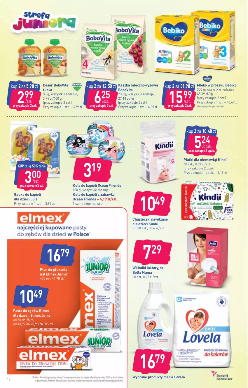 Gazetka promocyjna Stokrotka - Supermarket - ważna 11.02 do 17.02.2021 - strona 14 - produkty: Bebiko, Bell, Bella, BoboVita, Chusteczki, Deser, Dzieci, Elmex, Kindii, Kula do kąpieli, Lovela, Mleko, Mleko w proszku, Pasta do zębów, Płyn do płukania, Ryż, Ser, Wkładki