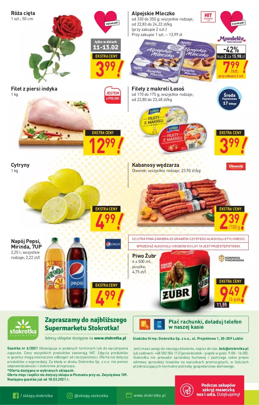 Gazetka promocyjna Stokrotka - Supermarket - ważna 11.02 do 17.02.2021 - strona 16 - produkty: 7up, Cytryny, Filet z piersi indyka, Gra, Kabanos, Mirinda, Mleczko, Napój, O nas, Olewnik, Pepsi, Piwa, Piwo, Róża, Telefon, Wagi