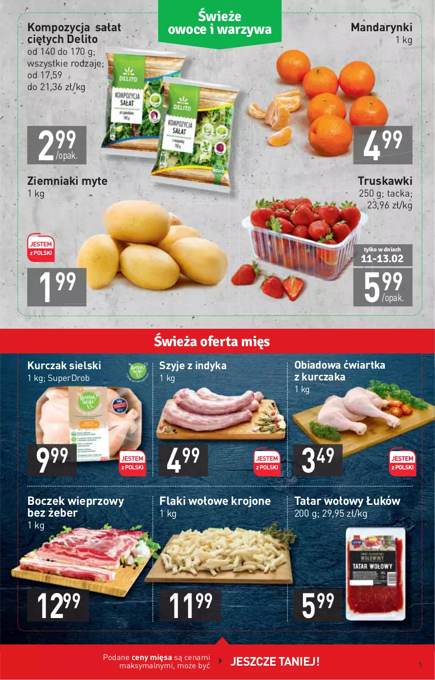 Gazetka promocyjna Stokrotka - Supermarket - ważna 11.02 do 17.02.2021 - strona 5 - produkty: Boczek, Boczek wieprzowy, Flaki, Flaki wołowe, Kurczak, Mandarynki, Sałat, Tatar wołowy, Truskawki, Ziemniaki