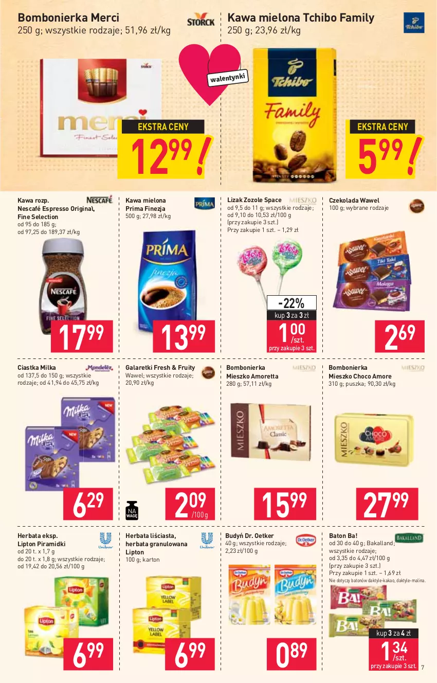 Gazetka promocyjna Stokrotka - Supermarket - ważna 11.02 do 17.02.2021 - strona 7 - produkty: Ba!, Bakalland, Baton, Budyń, Ciastka, Czekolada, Daktyle, Dr. Oetker, Fa, Gala, Galaretki, Gin, Gra, Herbata, Kakao, Kawa, Kawa mielona, Lipton, Merci, Milka, Nescafé, Prima, Tchibo, Tchibo Family, Wawel