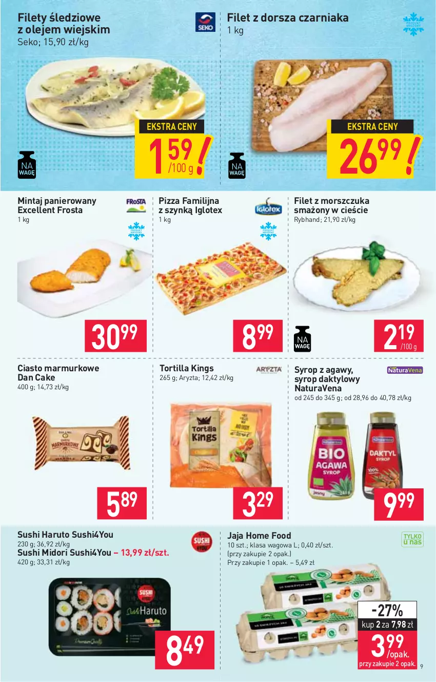 Gazetka promocyjna Stokrotka - Supermarket - ważna 11.02 do 17.02.2021 - strona 9 - produkty: Dan Cake, Dorsz, Fa, Filet z morszczuka, Frosta, Jaja, Mintaj, Olej, Pizza, SEKO, Sushi, Syrop, Tortilla