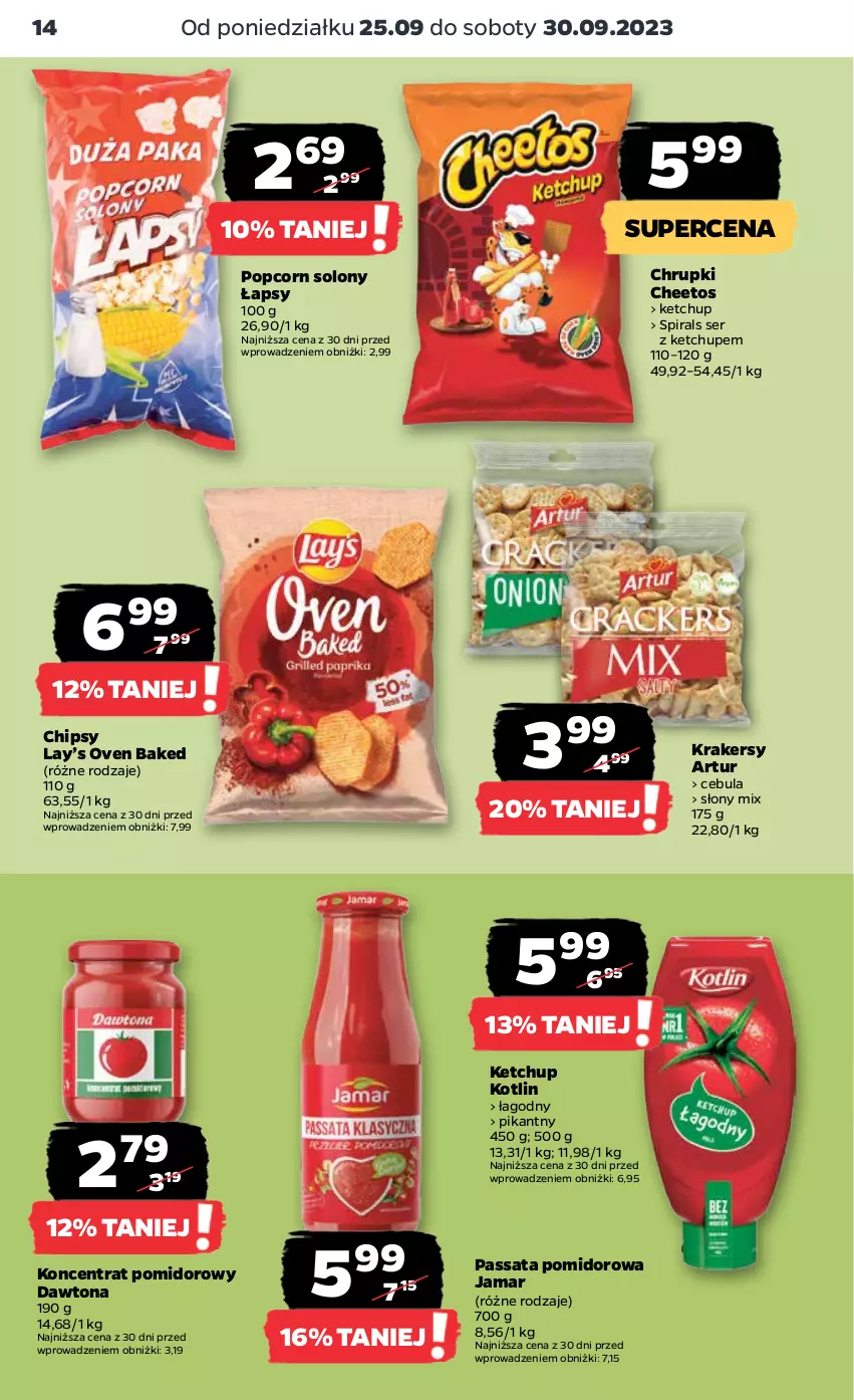 Gazetka promocyjna Netto - Artykuły spożywcze - ważna 25.09 do 01.10.2023 - strona 14 - produkty: Artur, Cebula, Cheetos, Chipsy, Chrupki, Dawtona, Ketchup, Koncentrat pomidorowy, Kotlin, Krakersy, Lay’s, Popcorn, Ser