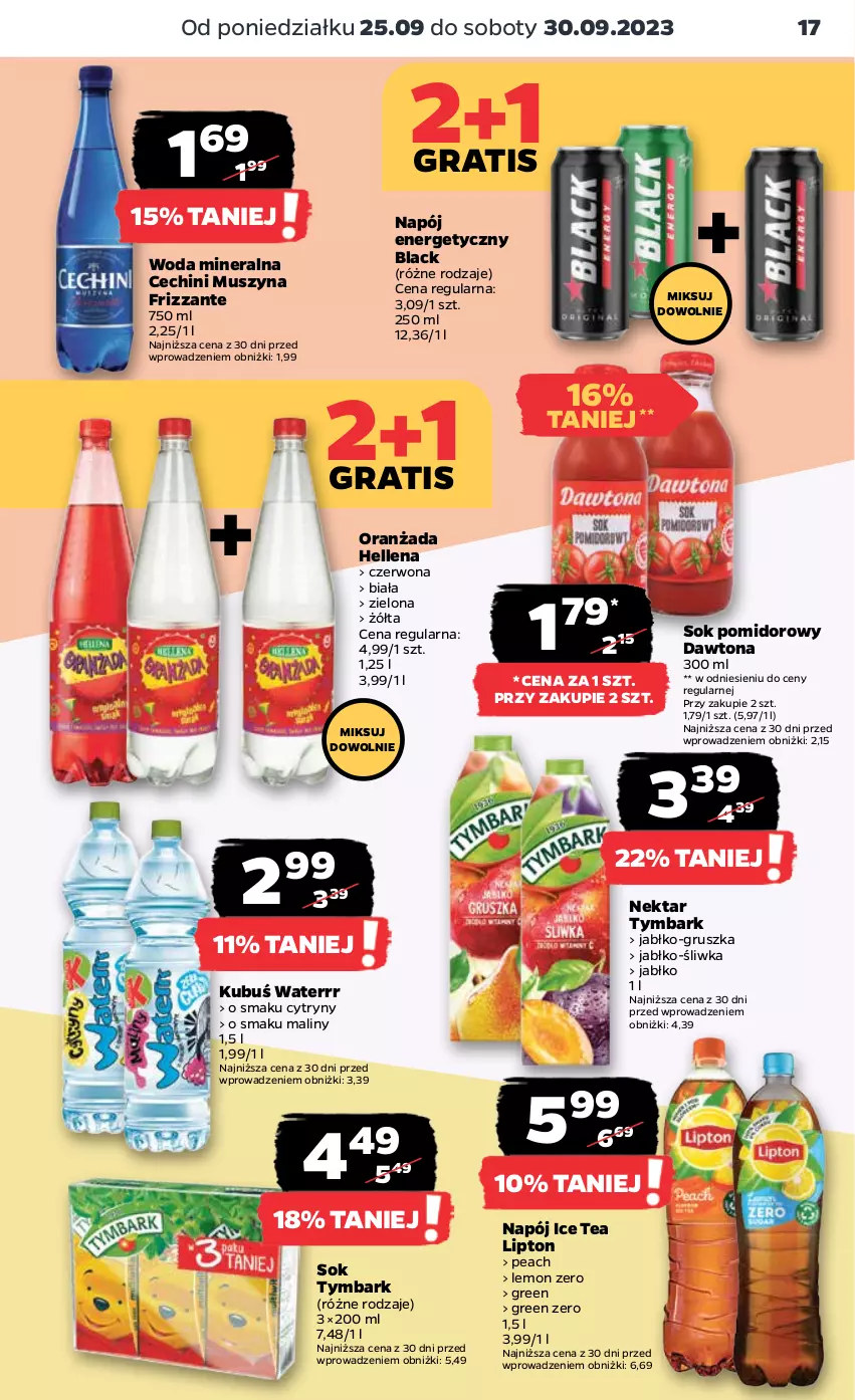 Gazetka promocyjna Netto - Artykuły spożywcze - ważna 25.09 do 01.10.2023 - strona 17 - produkty: Cytryny, Dawtona, Gra, Hellena, Ice tea, Kubuś, Kubuś Waterrr, Lack, Lipton, Maliny, Mus, Napój, Napój energetyczny, Nektar, Oranżada, Sok, Sok pomidorowy, Szyna, Tymbark, Woda, Woda mineralna