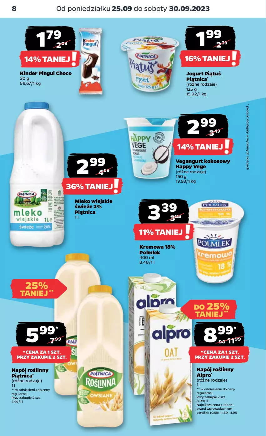 Gazetka promocyjna Netto - Artykuły spożywcze - ważna 25.09 do 01.10.2023 - strona 8 - produkty: Alpro, Jogurt, Kinder, Kokos, Mleko, Napój, Napój roślinny, Piątnica, POLMLEK, Vegangurt