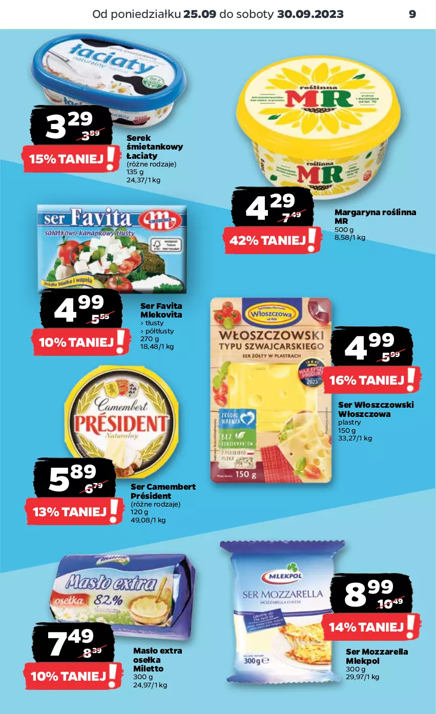 Gazetka promocyjna Netto - Artykuły spożywcze - ważna 25.09 do 01.10.2023 - strona 9 - produkty: Camembert, Fa, Favita, Margaryna, Masło, Mleko, Mlekovita, Mozzarella, Président, Ser, Serek, Włoszczowski