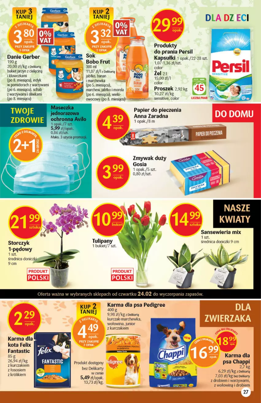 Gazetka promocyjna Delikatesy Centrum - Gazetka DC08 - ważna 24.02 do 02.03.2022 - strona 27 - produkty: Bukiet, Chappi, Fa, Fanta, Felix, Gerber, Królik, Kurczak, Marchewka, Morela, Papier, Papier do pieczenia, Pedigree, Persil, Piec, Sok, Sos, Storczyk, Warzywa, Wołowina, Zdrowie